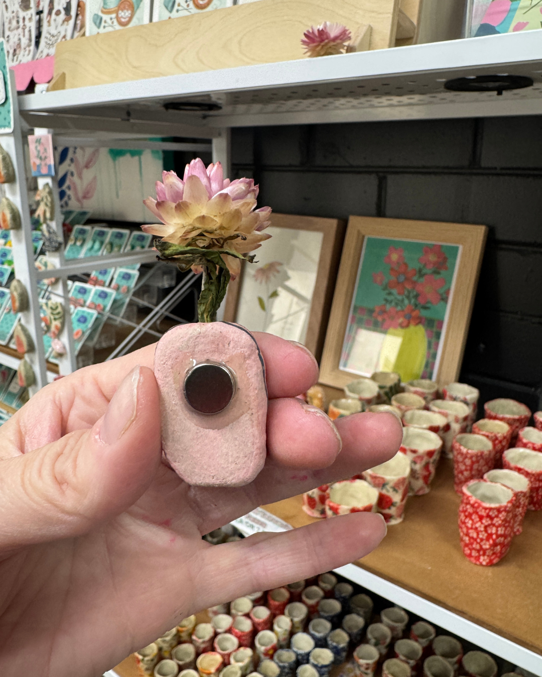 Mini Ceramic Vase Magnet – Pink with Dark Blue Stripe -  Handbuilt