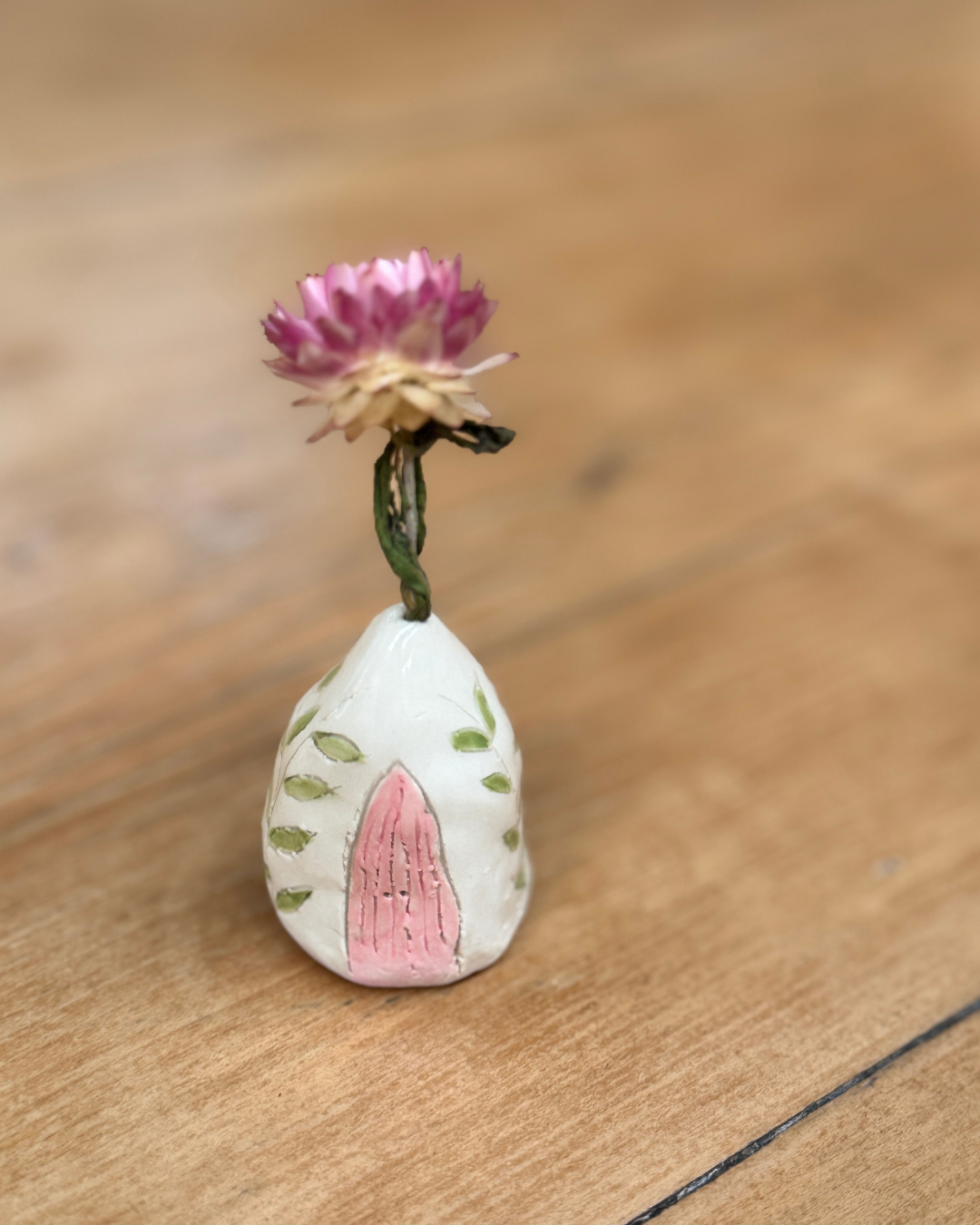 Pink Ceramic Fairy House – Handbuilt Whimsical Cottage (Larger Mini)