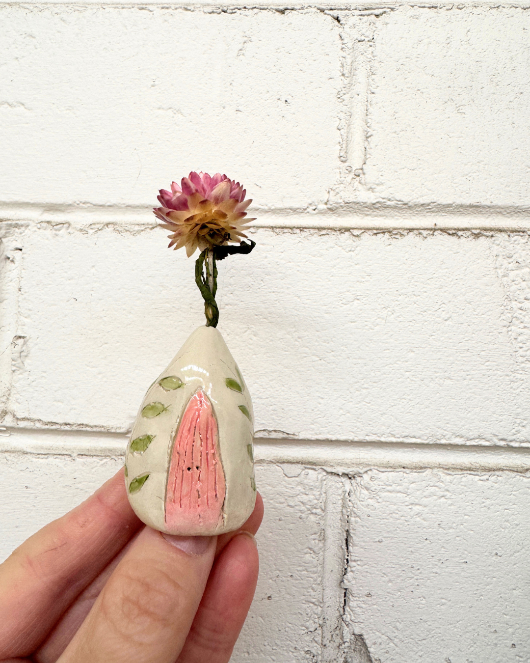 Pink Ceramic Fairy House – Handbuilt Whimsical Cottage (Larger Mini)