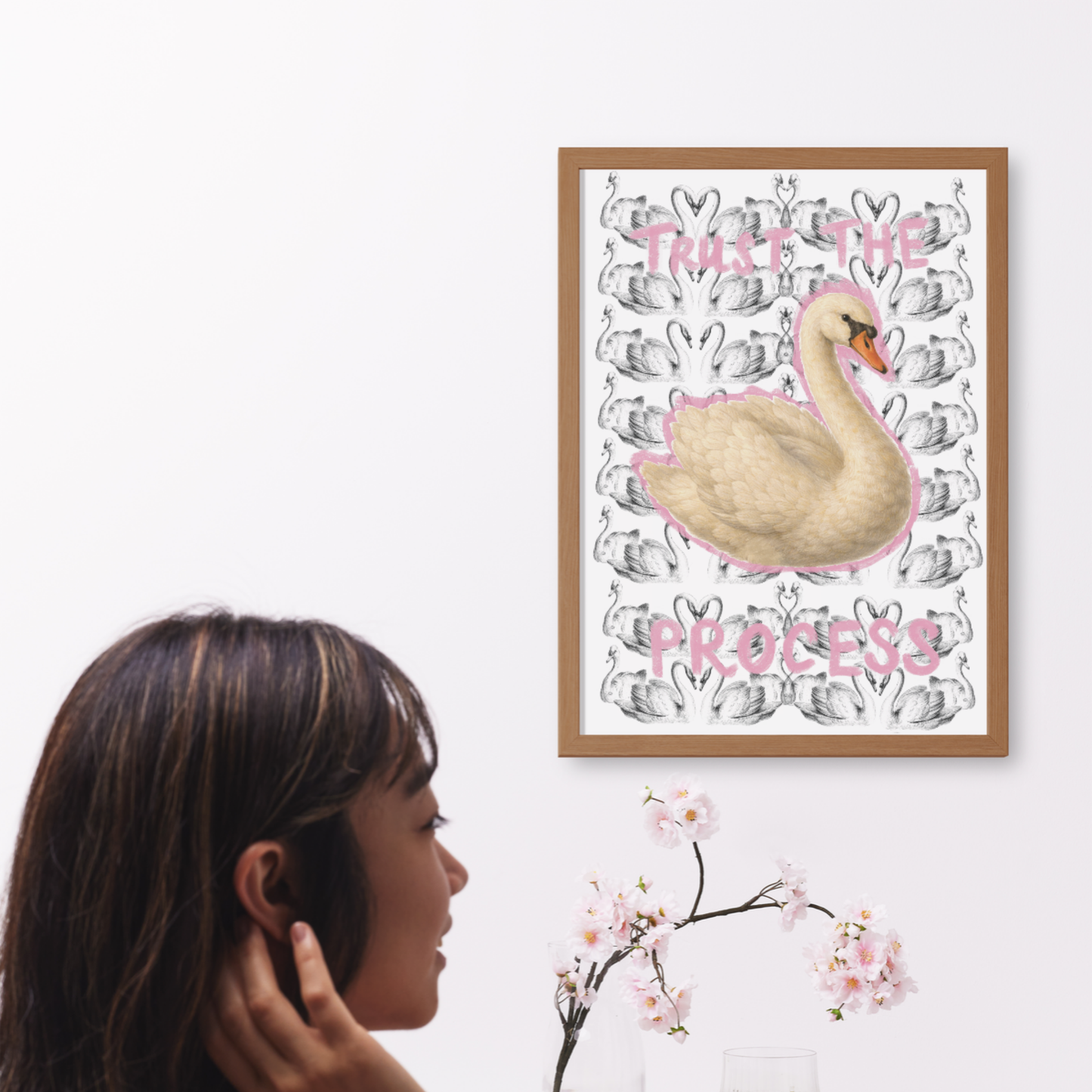 Trust The Process Printable Wall Art – Punk Swan Poster, Motivational Quote Print, Black White Pink Decor, Instant Download