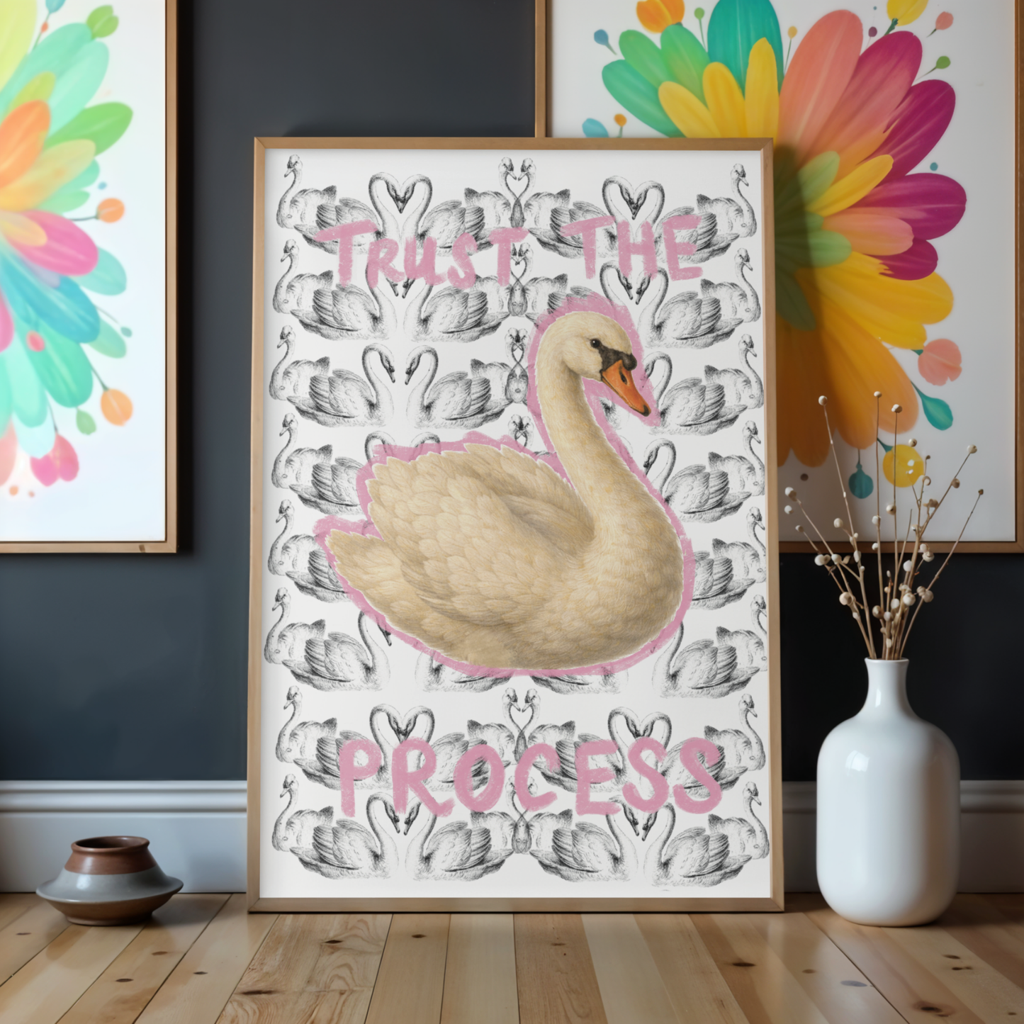 Trust The Process Printable Wall Art – Punk Swan Poster, Motivational Quote Print, Black White Pink Decor, Instant Download