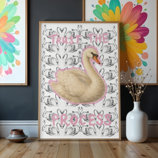 Trust The Process Printable Wall Art – Punk Swan Poster, Motivational Quote Print, Black White Pink Decor, Instant Download