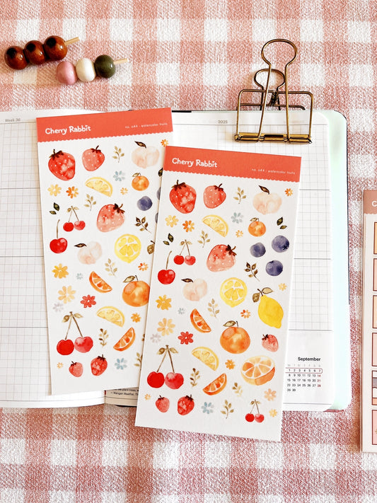 Cherry Rabbit Watercolor Fruits Sticker Sheet No.044