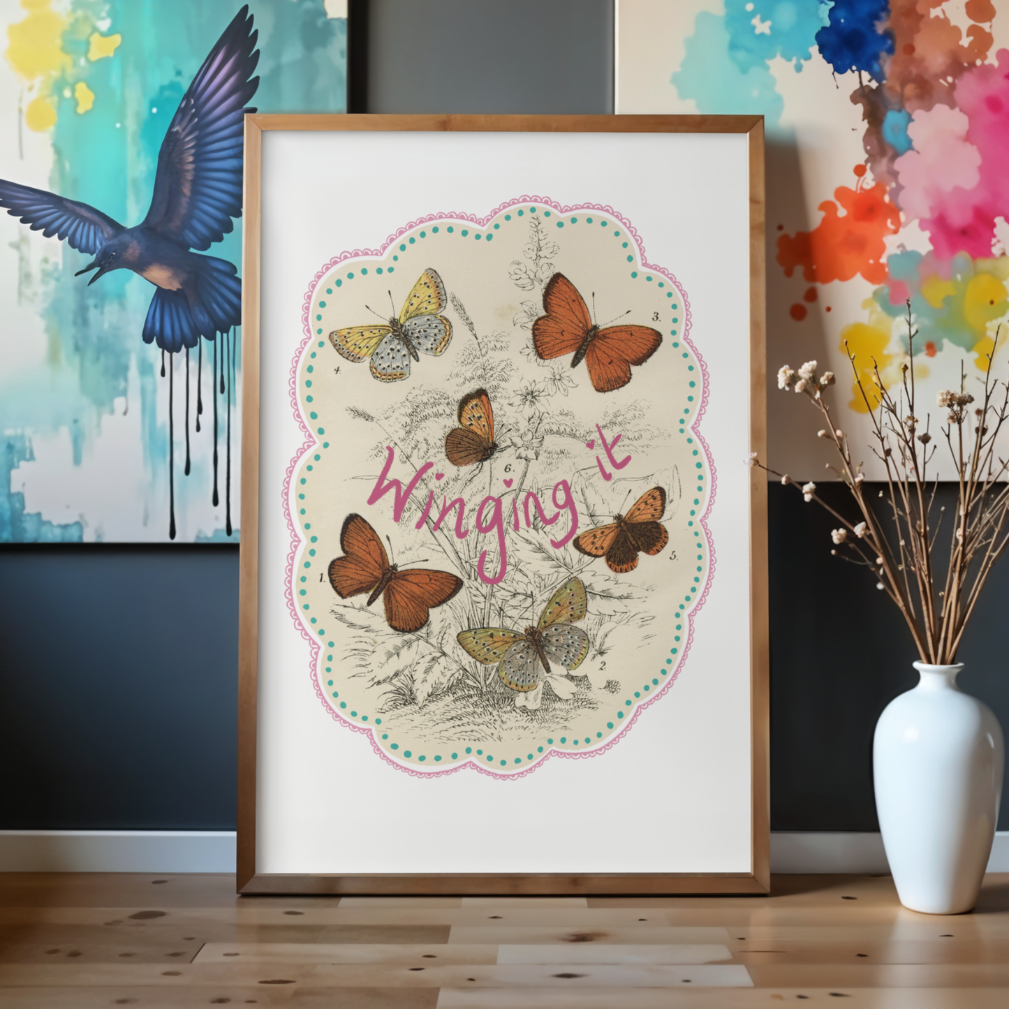 Winging It Printable Wall Art – Funny Motivational Quote Print, Vintage Butterfly Decor, Cute Office or Studio Poster, Instant Download