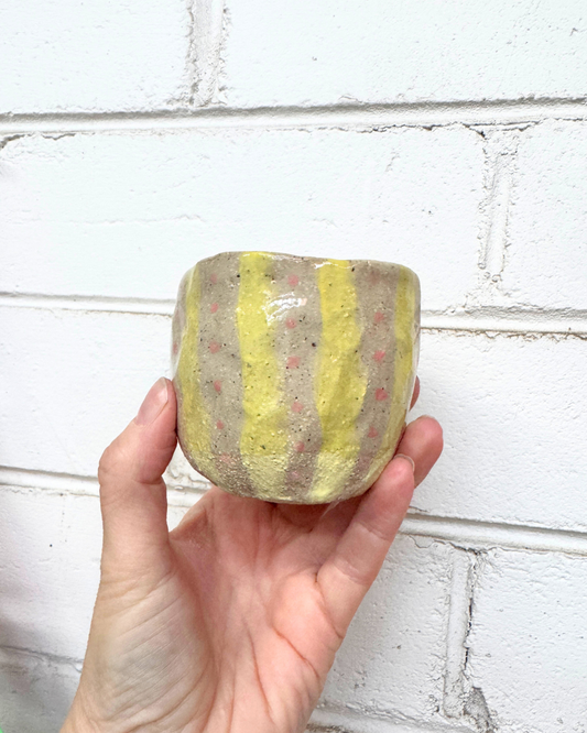 Yellow Striped Ceramic Vessel / Handle-Free Mug