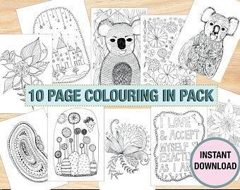 Colouring In Book - 10 Pages A4 Instant Digital Download - 10 Coloring in Pages - Printables