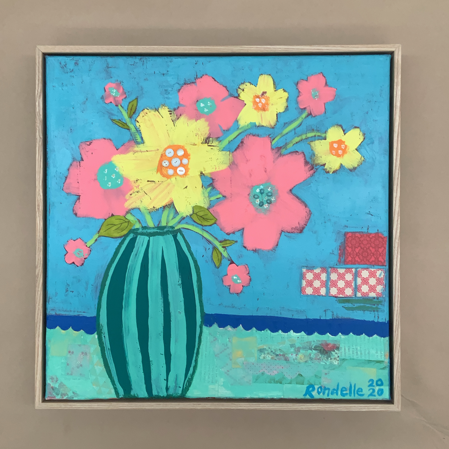 Happy Flowers - Framed Original Acrylic and mixed media Painting on Canvas