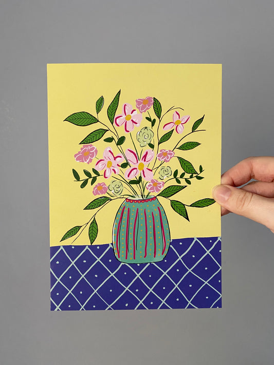 Mini Print A5 Size - Flowers in a Vase - Yellow and Blue